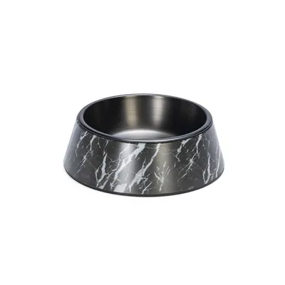 Futternapf aus schwarzem Metall mit Marmor-Design, runde Form.