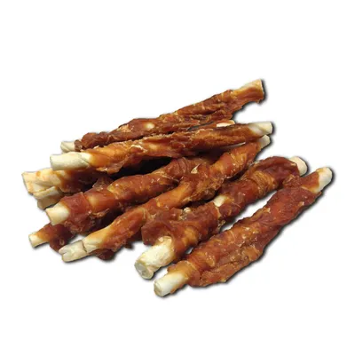 Several chew snacks made from white beef hide stick, wrapped with dried chicken meat.