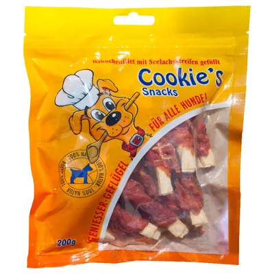 Opakowanie Cookie's Snacks, 200 g, widoczne przysmaki dla psów. Na opakowaniu rysunek psa w czapce kucharskiej oraz tekst: 100% natur, für alle hunde!