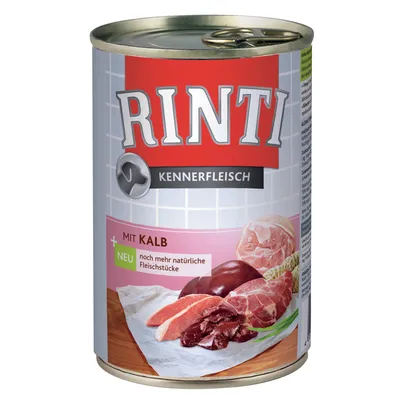 RINTI Kennerfleisch dåse med teksten 'mit Kalb', 'NEU noch mehr natürliche Fleischstücke' og billede af forskellige kødtyper på et skærebræt.