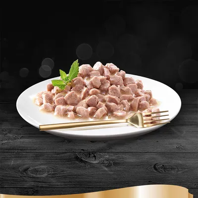 Кусочки влажного корма на белой тарелке с соусом, украшены веточкой зелени; рядом лежит золотая вилка.