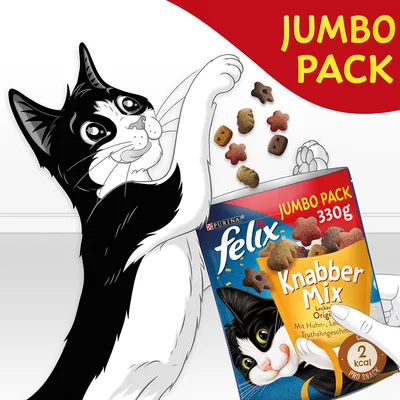 Purina felix Knabber Mix, JUMBO PACK 330 g, ilustración de gato y snacks variados. Texto visible: 2 kcal pro snack.