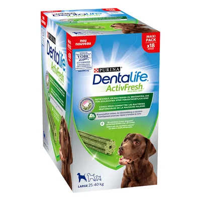 Purina Dentalife ActivFresh Maxi Pack mit 18 Sticks für Hunde von 25-40 kg. Entwickelt zur Bekämpfung von Bakterien, die schlechten Atem verursachen. Mit natürlichen Zutaten hergestellt.