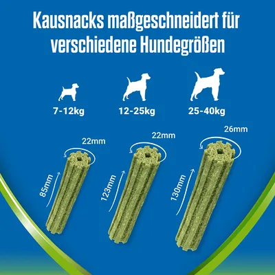 Kausnacks massgeschneidert für verschiedene Hundegrössen: 7-12kg (85mm x 22mm), 12-25kg (123mm x 22mm), 25-40kg (130mm x 26mm).