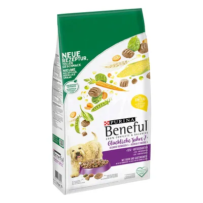 Purina Beneful Glückliche Jahre 7+ z kurczakiem i warzywami ogrodowymi, nowa receptura, kwasy omega-3, 15% antyoksydantów. Dla starszych psów. Opakowanie 12 kg.