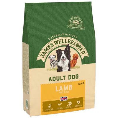 James Wellbeloved Adult Dog suha hrana za pse s janjetinom i rižom, hipoalergena, pakiranje 12 kg. Sadrži uravnotežena vlakna, nježna za osjetljiv želudac, podržava imunološki sustav.