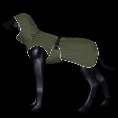 Hundemantel in Olivgrün mit Kapuze, reflektierenden Paspeln und verstellbarem Bauchgurt an schwarzer Hundepuppe präsentiert.