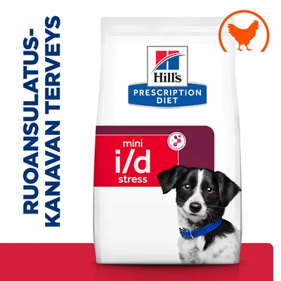 Hill's Prescription Diet mini i/d stress koiranruoka, ruoansulatuskanavan terveys, kanan kuva pakkauksessa