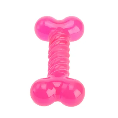 Rosa tuggleksak i benform med vriden mittdel, av plast.