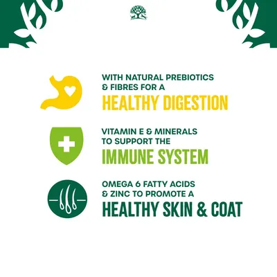 With natural prebiotics & fibres for a healthy digestion. Vitamin E & minerals to support the immune system. Omega 6 fatty acids & zinc to promote a healthy skin & coat.