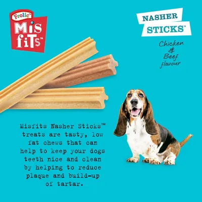 Misfits Nasher Sticks, chicken and beef flavour, are low fat chews that help keep teeth clean by reducing plaque and tartar build-up. Image shows treats and product description.