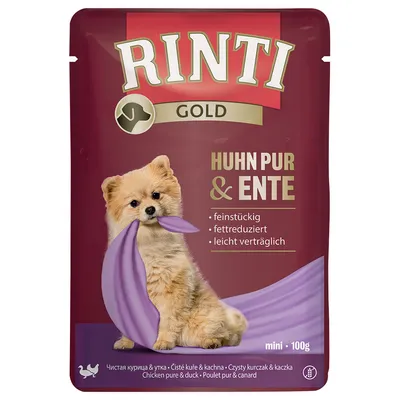 RINTI GOLD Huhn pur & Ente, mini 100g. Čisté kuře a kachna. feinstückig, fettreduziert, leicht verträglich. Obal s obrázkem psa.