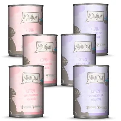 MjAMjAM Kitten våtfoder: saftig kyckling med laxolja och utsökt kalv med laxolja. Mycket kött, spannmålsfritt.