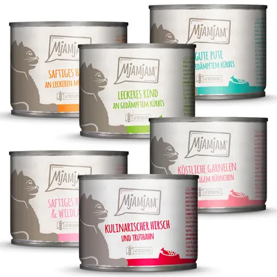 MjAMjAM kattmat på burk: saftig kyckling, läcker nöt, god kalkon, utsökta räkor, kulinarisk hjort. Spannmålsfri.