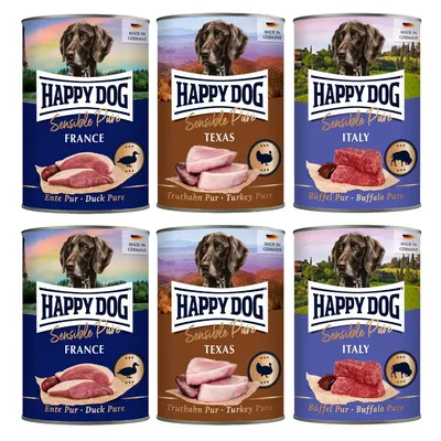 6 κονσέρβες Happy Dog Sensible Pure: France Ente Pur, Texas Truthahn Pur, Italy Büffel Pur. Ορατό το σήμα Made in Germany και εικόνες πάπιας, γαλοπούλας, βουβαλιού.