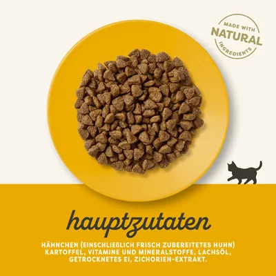 Hauptzutaten: Hähnchen (einschliesslich frisch zubereitetes Huhn), Kartoffel, Vitamine und Mineralstoffe, Lachsöl, getrocknetes Ei, Zichorien-Extrakt. Made with natural ingredients.