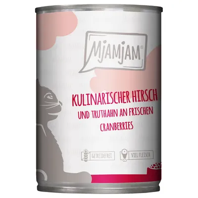 MjAMjAM Nassfutter für Katzen: Kulinarischer Hirsch und Truthahn an frischen Cranberries, getreidefrei, viel Fleisch.
