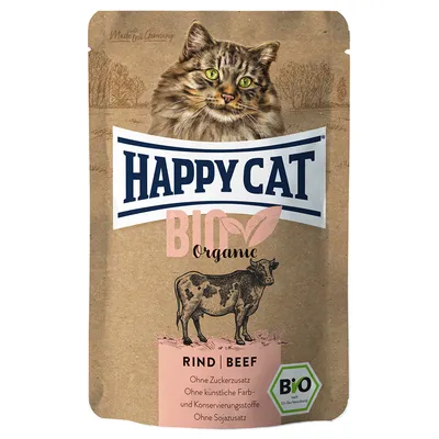 Happy Cat Bio Organic Manzo. Senza zuccheri aggiunti, senza coloranti e conservanti artificiali, senza soia. Certificato biologico DE-ÖKO-006. Made in Germany.