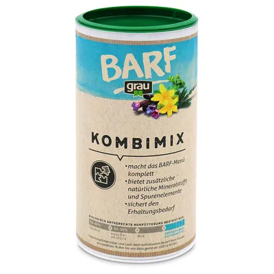BARF grau Kombimix. Täydentää BARF-aterian, tarjoaa lisäluonnonmineraaleja ja hivenaineita, kattaa ylläpitotarpeen.