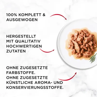 100 % komplett och balanserat. Tillverkat med ingredienser av hög kvalitet. Utan tillsatta färgämnen, konstgjorda arom- och konserveringsmedel.