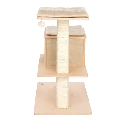 Árbol rascador de madera con tres niveles, poste rascador de sisal y superficies acolchadas para descansar. Bola de juego integrada en el nivel superior.
