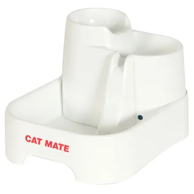 White plastic water fountain with multiple drinking levels and the words CAT MATE printed on the front.