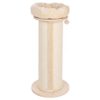 Rascador de madera clara con sisal beige y superficie acolchada para descansar en la parte superior, incluye pelota colgante para jugar.