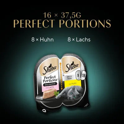 Sheba Perfect Portions 16 × 37,5 g, 8 portions au poulet (Huhn), 8 au saumon (Lachs). Texte en allemand sur l’emballage : Edle Pastete mit Lachs, Split Tray mit Huhn.