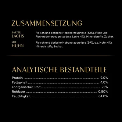 Texte en allemand : composition avec saumon ou poulet, ingrédients et additifs listés. Analyse nutritionnelle : protéines 9 %, matières grasses 4 %, cendres 2,1 %, fibres 0,5 %, humidité 84 %.