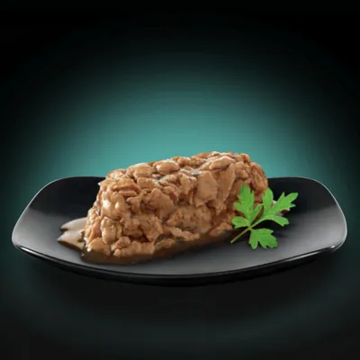 Portion de pâtée pour animaux en sauce, servie sur une assiette noire avec une feuille de persil à côté. Aucun emballage ou marque visible.
