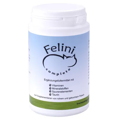 Felini Complete complemento alimenticio con vitaminas, minerales, oligoelementos y taurina. Para suplementar carne cruda y cocida.