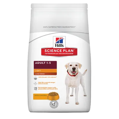 Hill's Science Plan Adult 1-5 Light Large Breed con pollo. Texto visible: -28% fat and -15% calories*, High fibre controls hunger between meals, Optimal joint support with glucosamine and chondroitin.