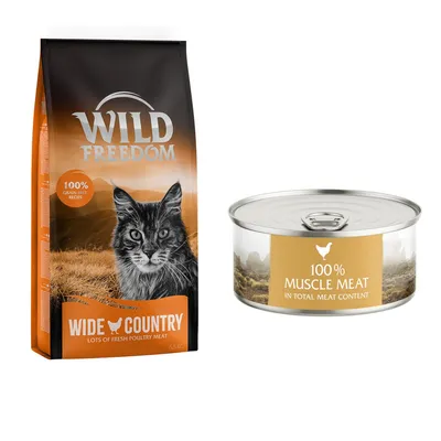 Wild Freedom Wide Country dry food bag with cat image, 100% grain-free recipe, lots of fresh poultry meat, and tin labelled 100% muscle meat in total meat content.