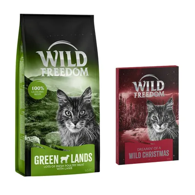 Balení Wild Freedom Green Lands 6,5 kg s textem '100% grain-free recipe' a krabice Wild Freedom Dreamin' of a Wild Christmas 18 g. Obě s obrázkem kočky.