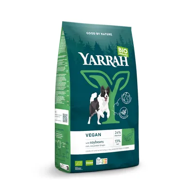 Yarrah Bio Organic ração vegana para cães com soja, milho, proteína de arroz e tremoço. 24% proteína, 13% gordura. Certificada vegan e biológica.