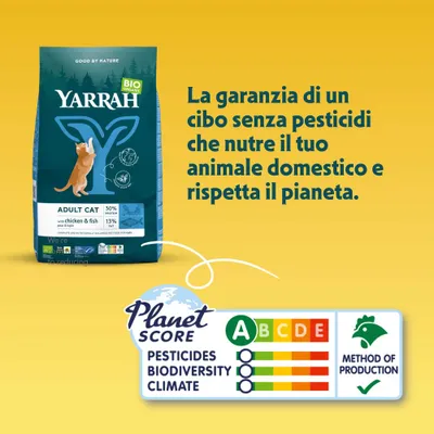 Yarrah Bio Adult Cat con pollo e pesce. Planet Score: A per pesticidi, biodiversità, clima. Metodo di produzione verificato. Garanzia di alimento senza pesticidi. Yarrah Bio Adult Cat con pollo e pesce. Planet Score: A per pesticidi, biodiversità, clima. Metodo di produzione verificato. Garanzia di alimento senza pesticidi.