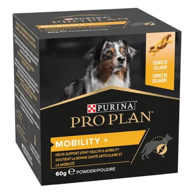 Caja de Purina Pro Plan Mobility+ 60 g, suplemento en polvo para perros. Texto visible: 'Source of collagen'. Imagen de perro y símbolo articular en el envase.