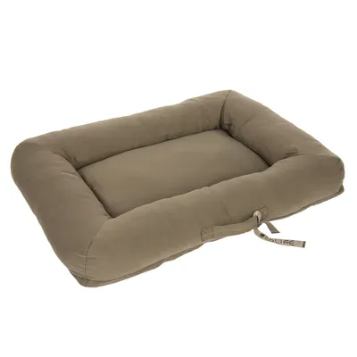 Rectangular brown pet bed with padded edges and carrying handle. Visible 'Egolife' lettering on the handle.