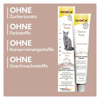 GimCat Derma Paste Sensitive Skin. Texte en allemand : sans sucre ajouté, sans colorants, sans conservateurs, sans arômes. Visible sur l’emballage et le tube.