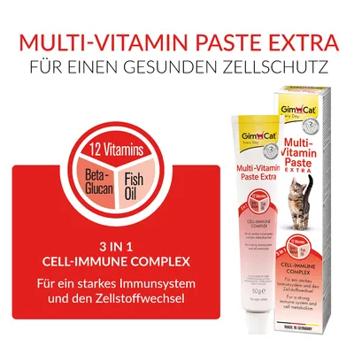 GimCat Multi-Vitamin Paste Extra mit 12 Vitaminen, Beta-Glucan und Fischöl. 3-in-1 Cell-Immune Complex für Zellschutz, starkes Immunsystem und Zellstoffwechsel. Made in Germany.