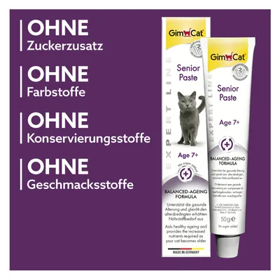 GimCat Senior Paste Age 7+, texte en allemand : sans sucre ajouté, sans colorants, sans conservateurs, sans arômes. Visible : tube et boîte, chat gris, Balanced-Ageing Formula.