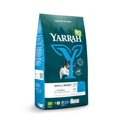Yarrah Bio Organic Small Breed dog food with chicken, 26% protein, 17% fat. Contains oats, rice protein and MSC fish oil. Complete and balanced food for small dogs.