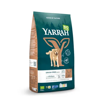 Sac de croquettes YARRAH Bio Organic pour chien, sans céréales, 28 % protéines, 15 % matières grasses, avec poulet. Texte en anglais : 'Grain-Free Recipe with chicken'.