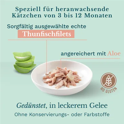 Thunfischfilets für Kätzchen von 3 bis 12 Monaten, angereichert mit Aloe, gedünstet in Gelee, ohne Gluten, keine Konservierungs- oder Farbstoffe.