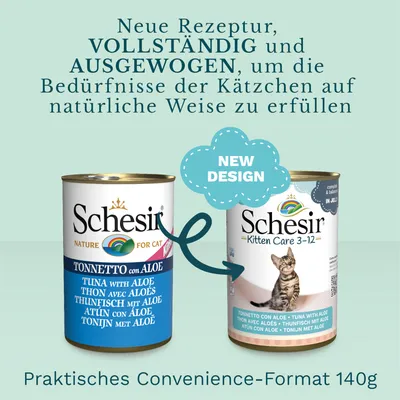 Schesir konzerva za mačke, prikaz starog i novog dizajna. Tekst na njemačkom: Neue Rezeptur, vollständig und ausgewogen. Praktično pakiranje 140 g. Oznaka 'New design'.