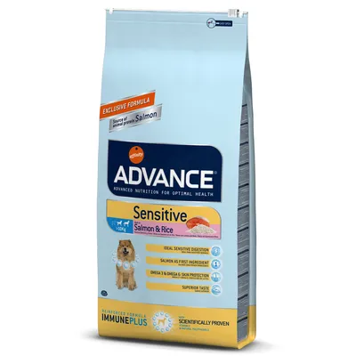 Advance Sensitive Salmon & Rice hundefoder, tekst: ideal sensitive digestion, salmon as first ingredient, omega 3 & omega 6 skin protection, superior taste, ImmunePlus, scientifically proven.