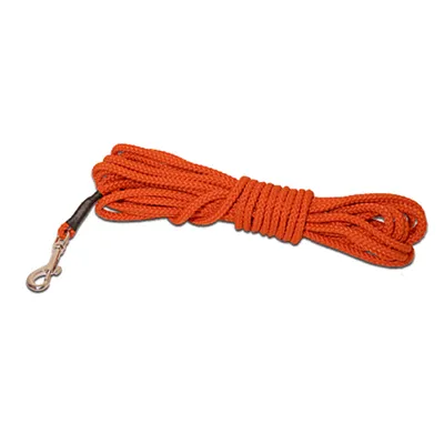Long orange rope lead with a metal clip at one end, suitable for attaching to a collar or harness.