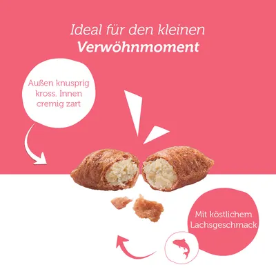 Ideal für den kleinen Verwöhnmoment. Aussen knusprig kross, innen cremig zart. Mit köstlichem Lachsgeschmack.