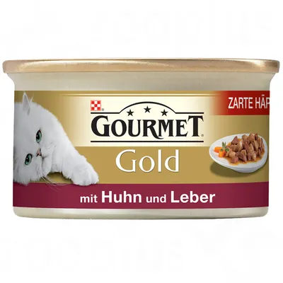 Lata de comida para gato Gourmet Gold, texto visível: 'mit Huhn und Leber', imagem de um prato com pedaços de carne e cabeça de gato branco. Texto adicional: ZARTE HÄPPCHEN.