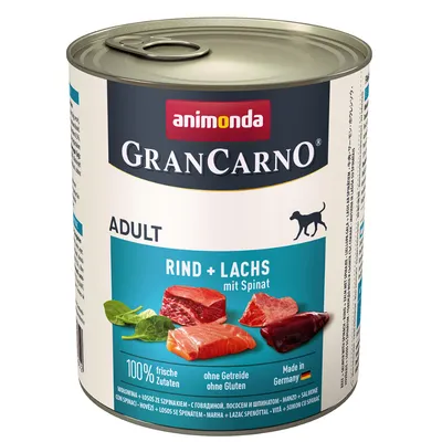 Animonda GranCarno Adult wołowina + łosoś ze szpinakiem. 100% świeżych składników, bez zbóż, bez glutenu, Made in Germany.